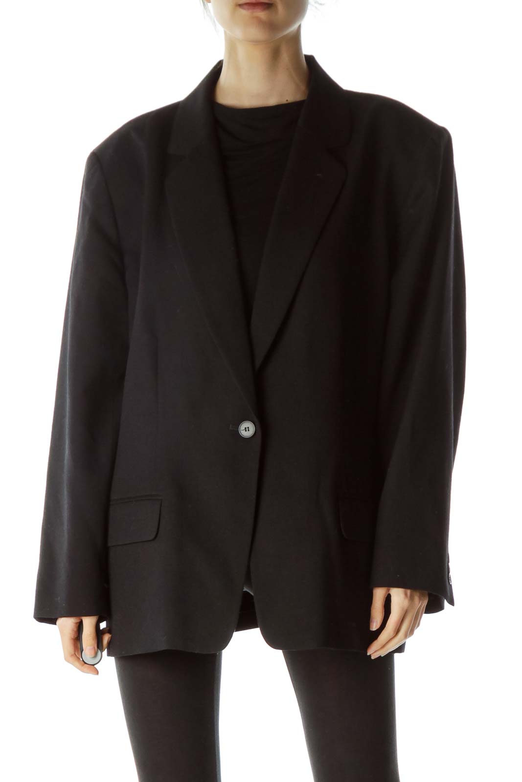 Black Virgin Wool Buttoned Blazer Front