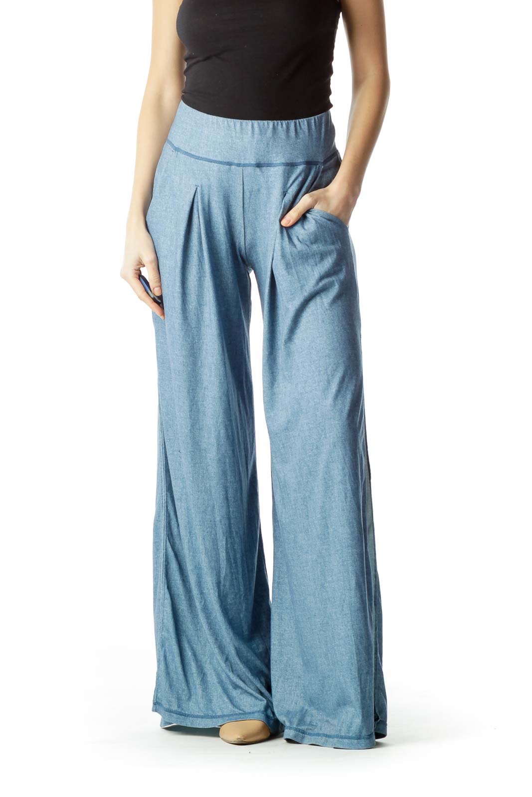 Blue Pocketed Wide-Leg Pants Front