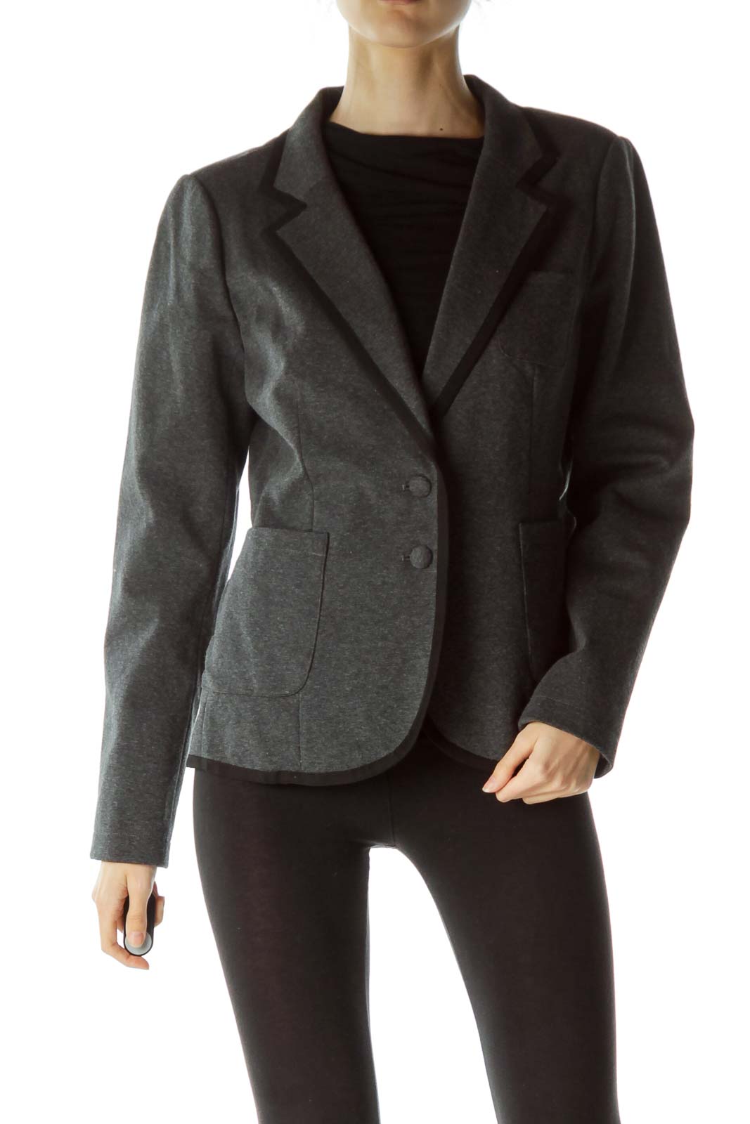 Gray Collared Pocketed Buttoned Blazer Front
