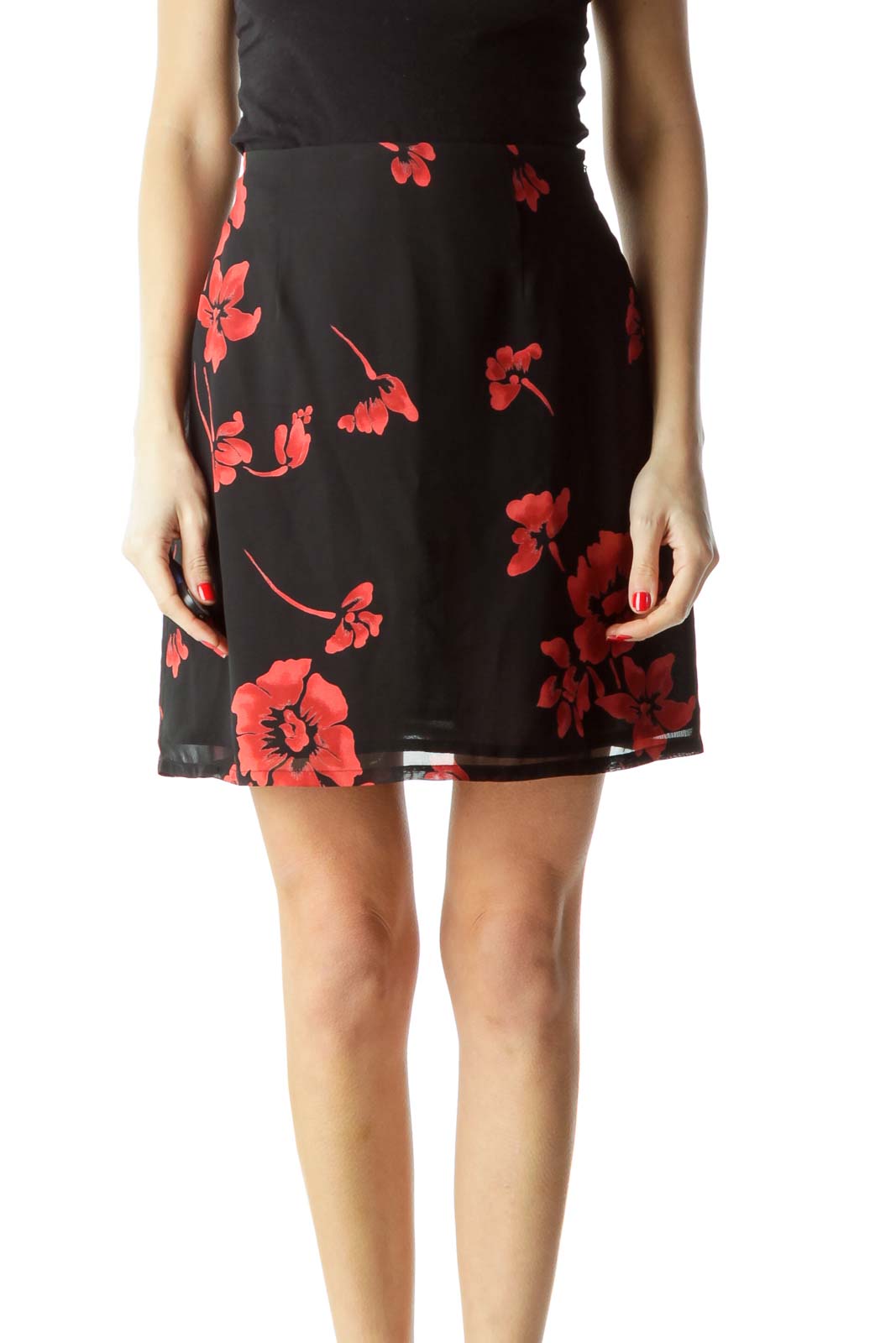 Black Red Floral Mini Skirt Front