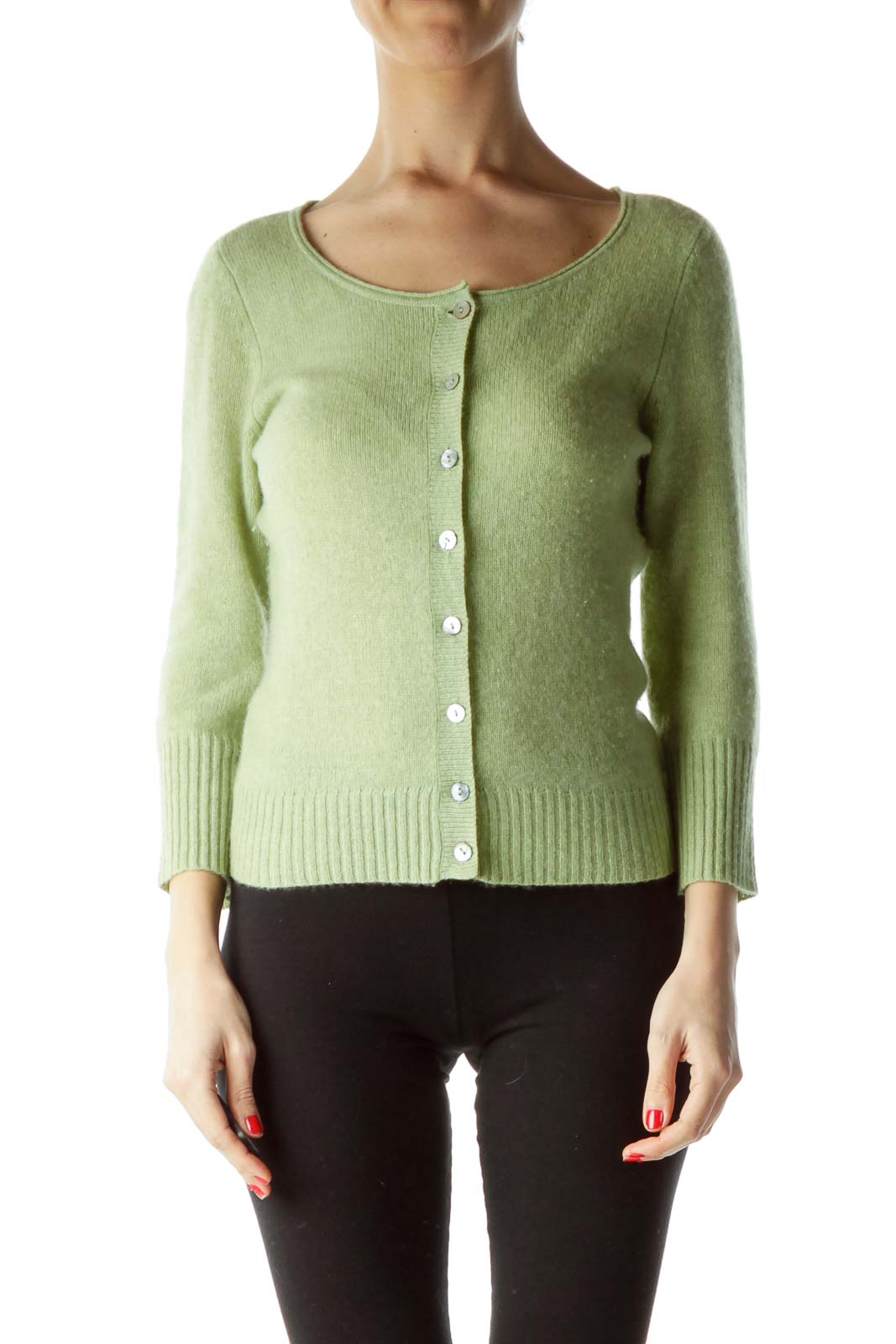 Green 100% Cashmere Buttoned Sweater Front