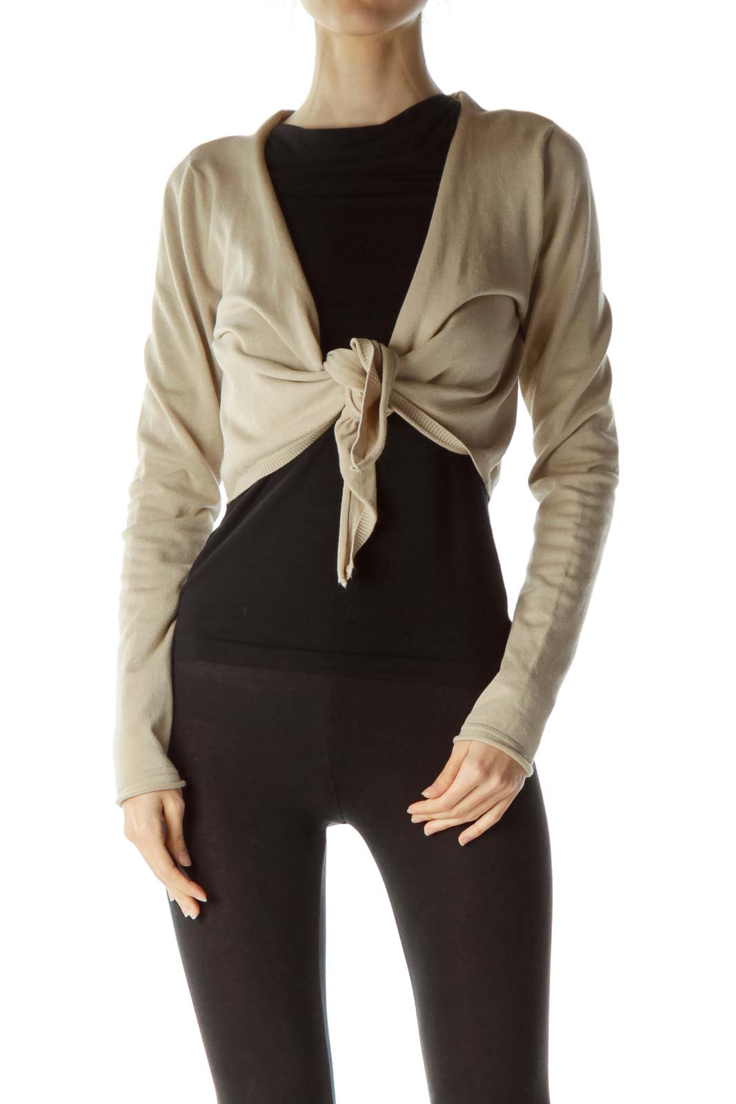 Beige Knotted Front Knit Bolero Front
