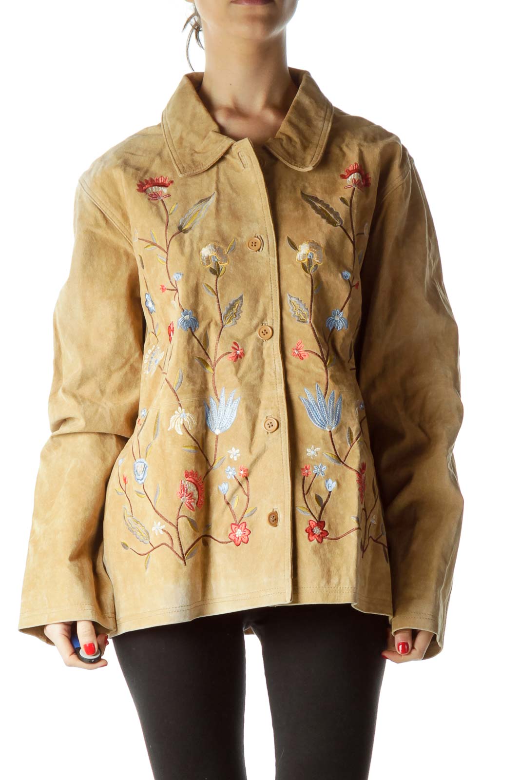 Beige Floral Embroidery Leather Jacket Front