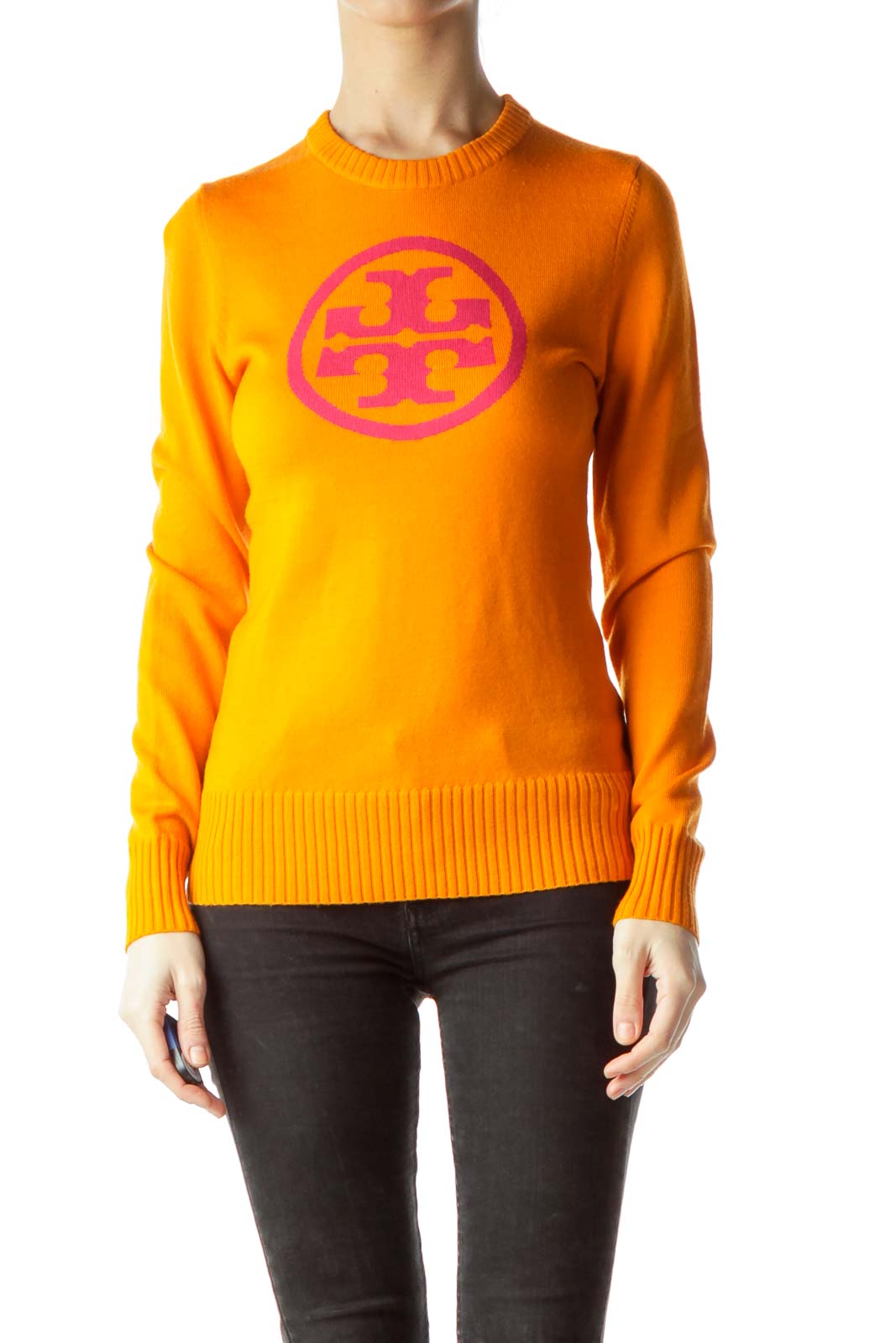 Orange 100% Wool Sweater with Pink Logo Front