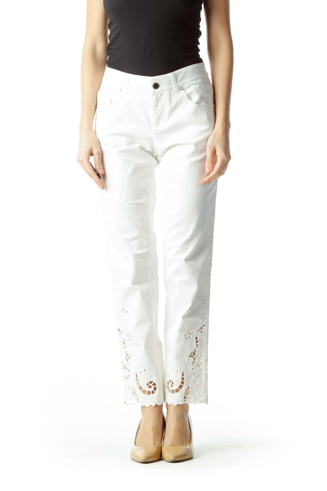 Cream Lower Legs Embroidered Slim-Fit Pants Front