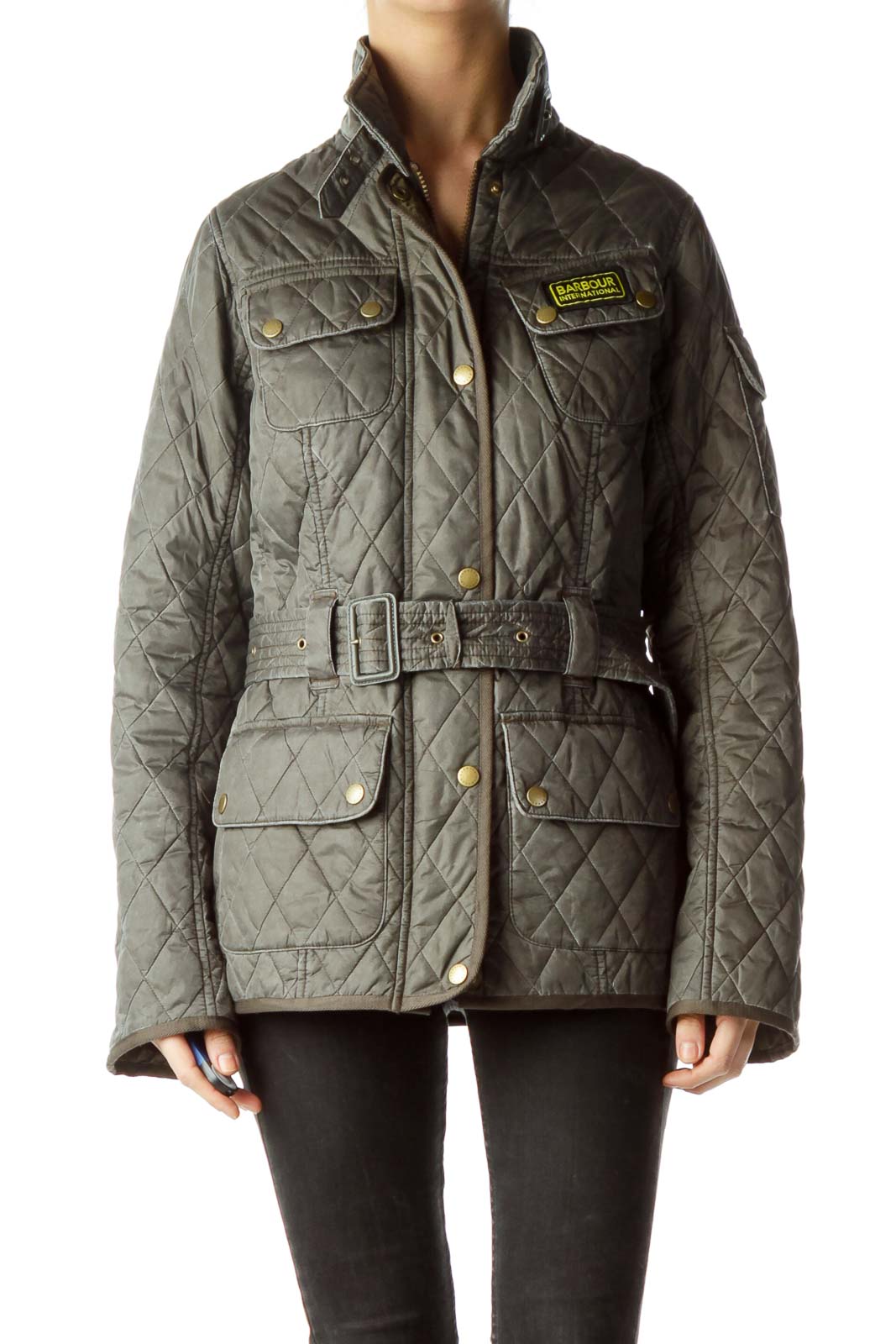 Gray Belted High Neck Padded Jacket Front