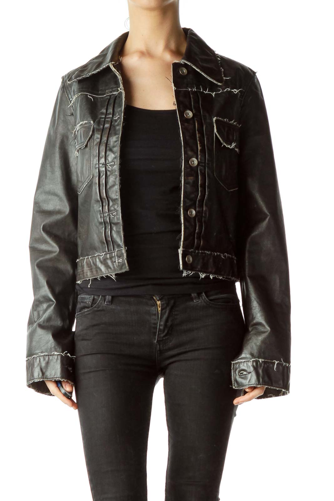 Black Distressed Leather Jacket Front