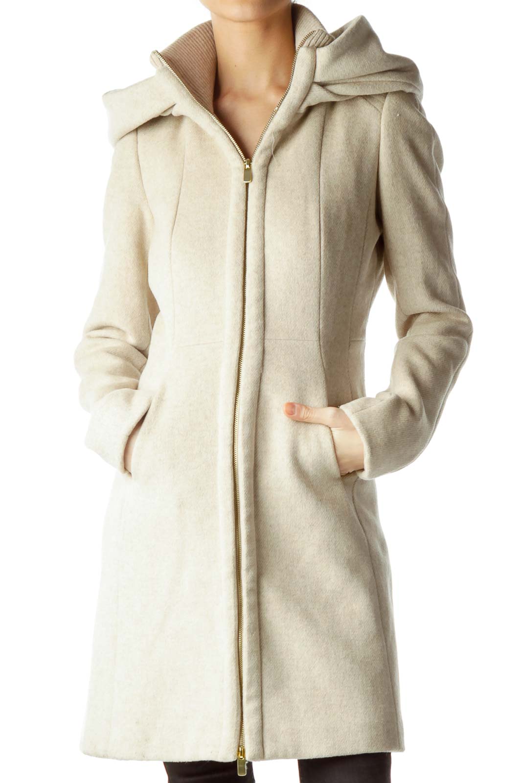 Beige Hooded Coat with Gold Zipper Front