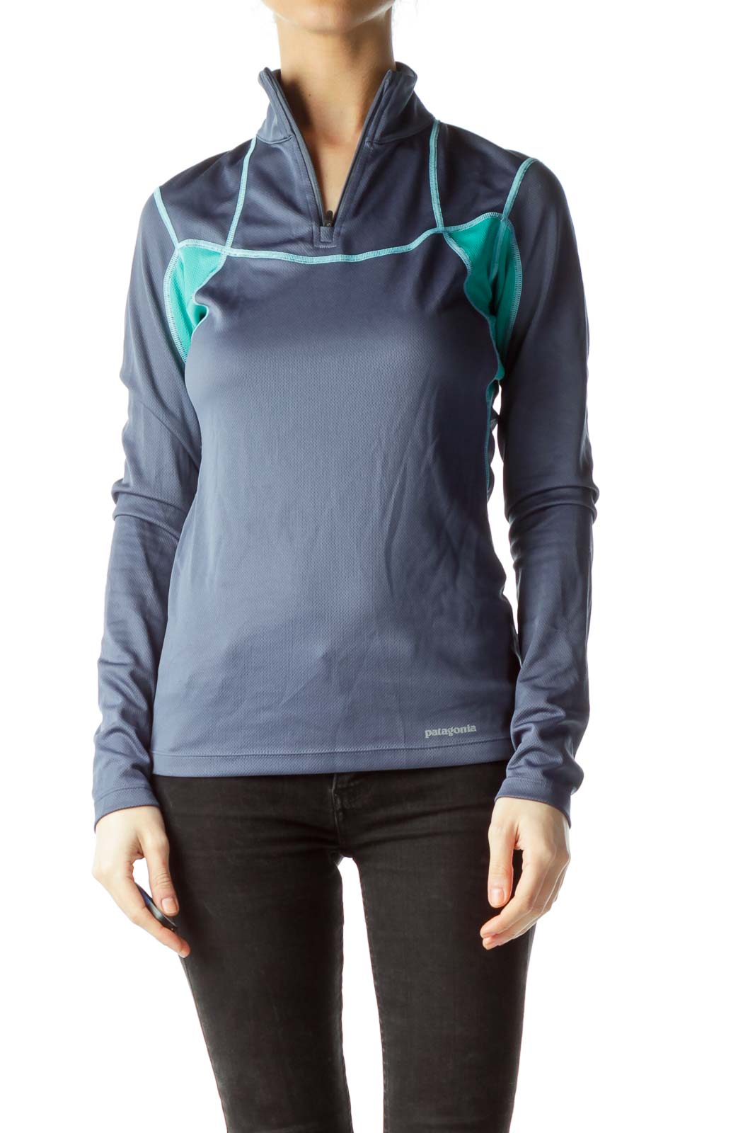 Blue Green Zippered Pullover Top Front