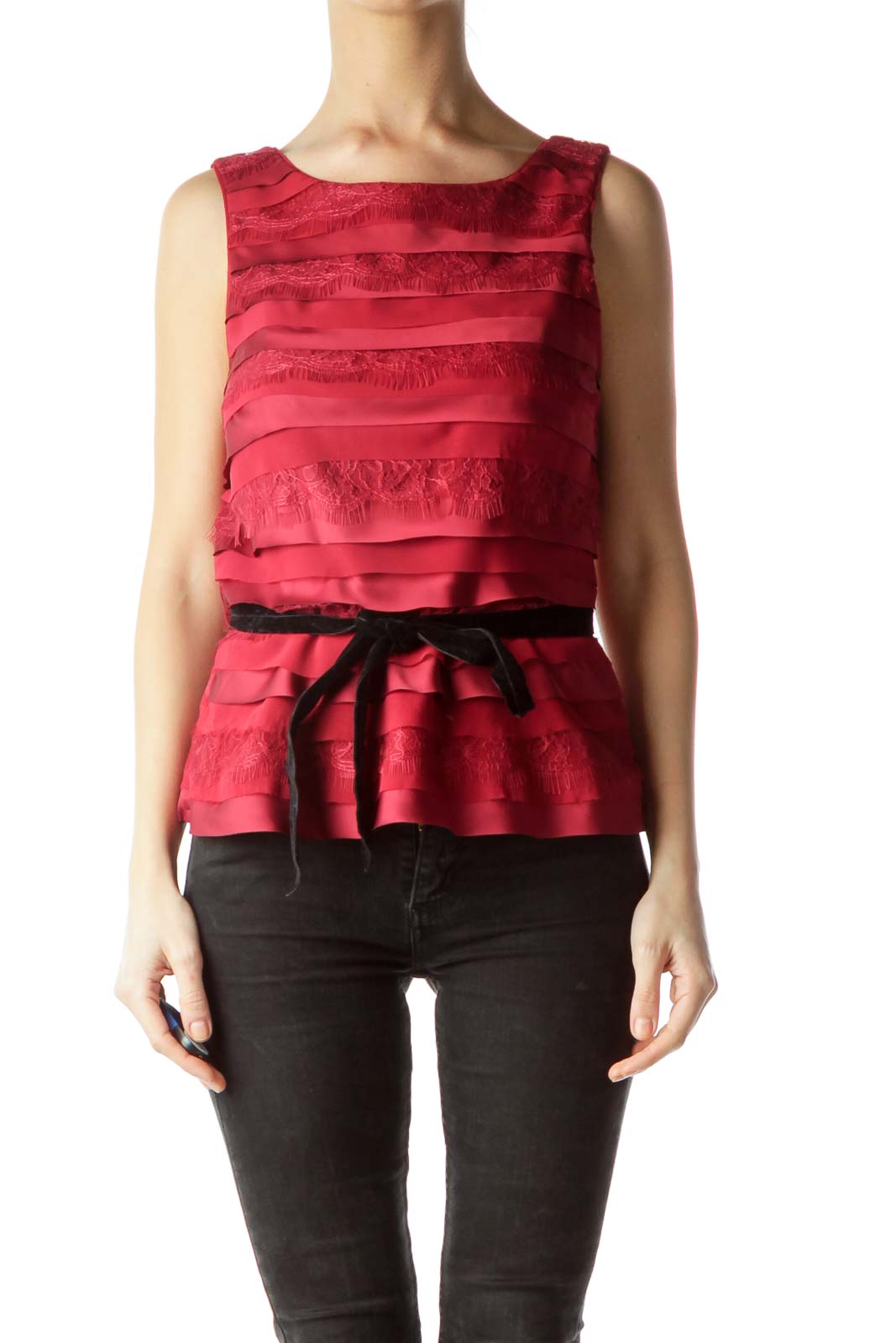 Red Lace Round Neck Tank Top Front