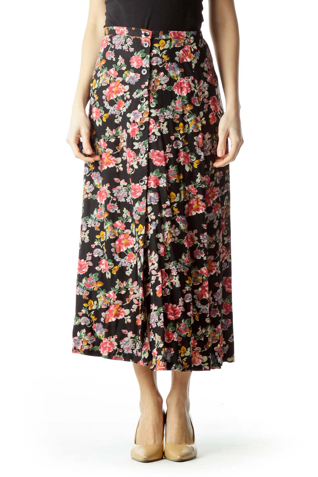 Black Pink Floral Buttoned Maxi Skirt Front