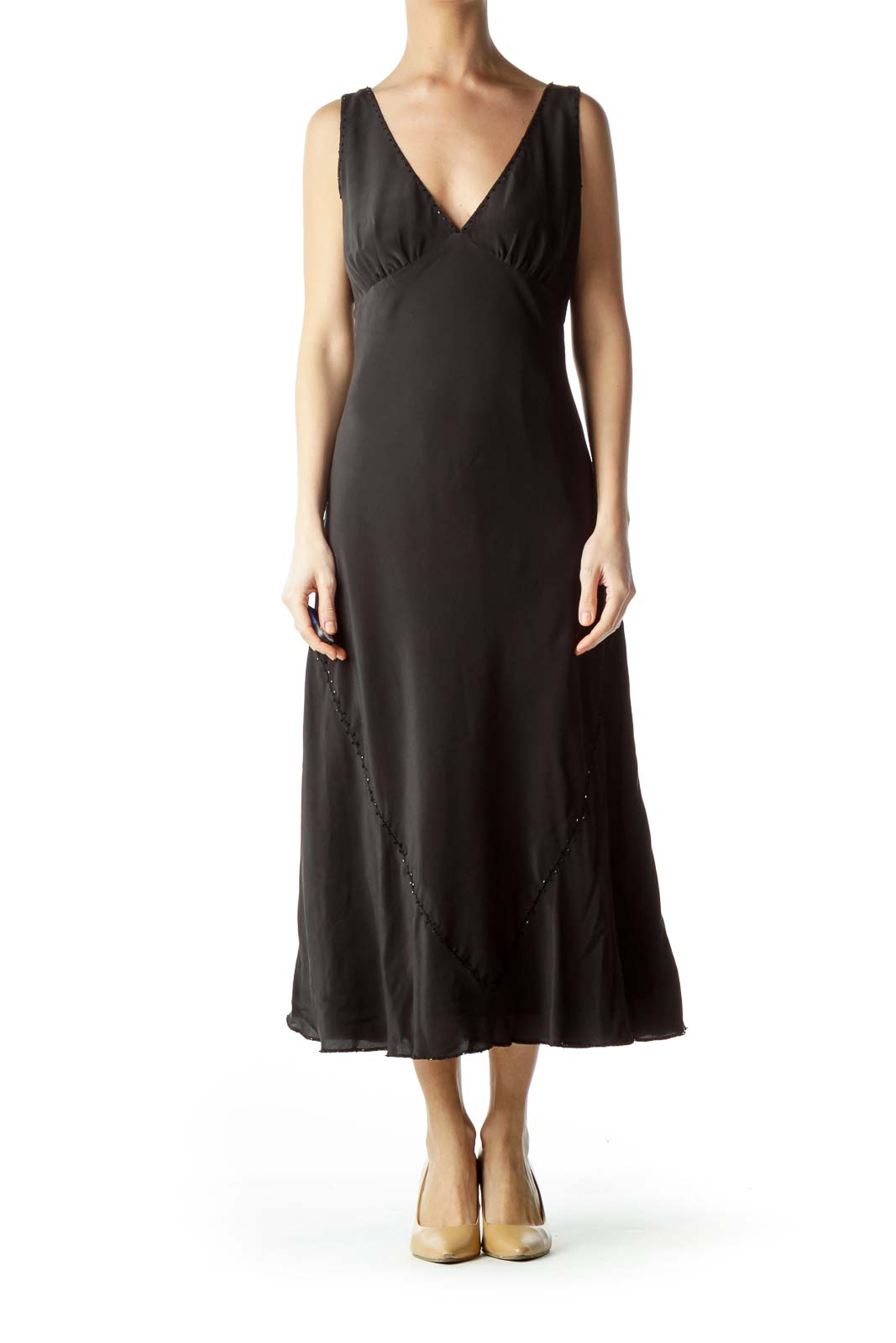 Black Beaded Silk Midi Dress Front