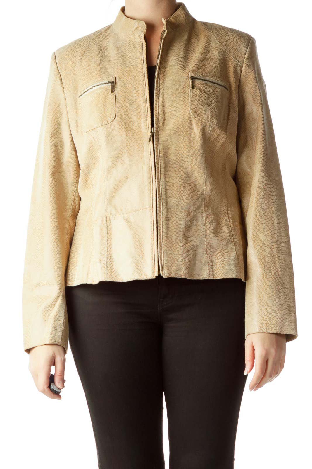 Beige Zippered Pockets Leather Jacket Front