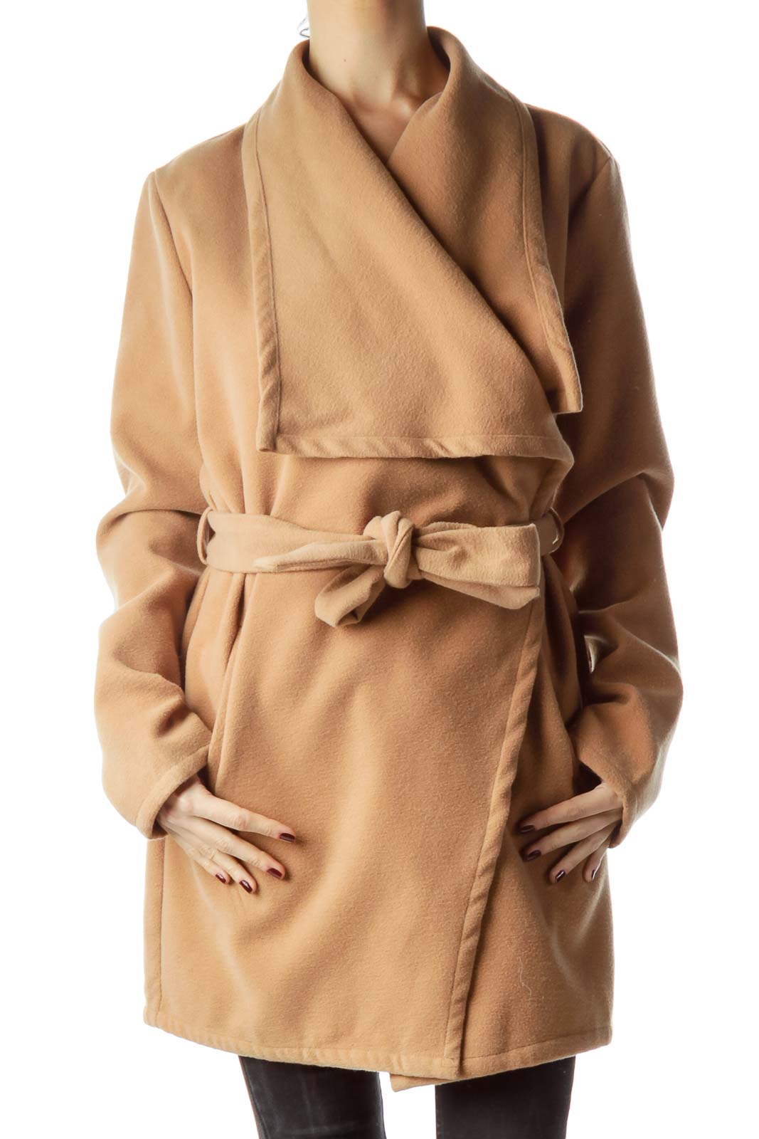 Camel Brown Collared Long Belted Coat Front