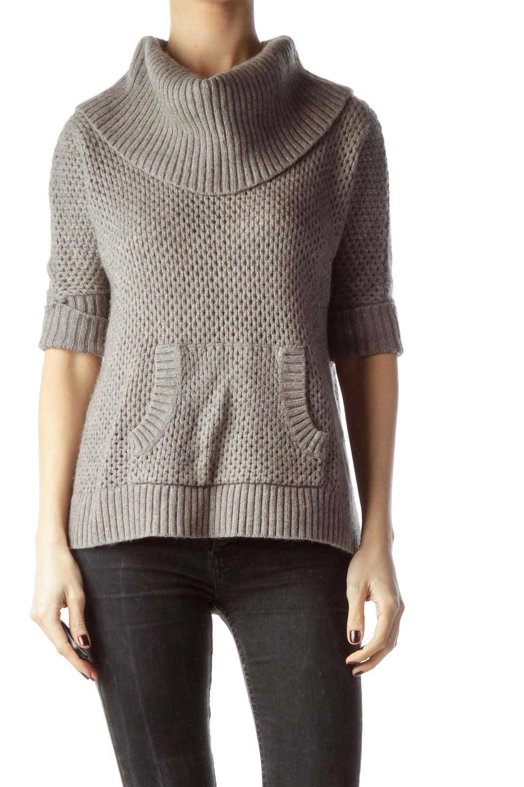 Gray Front Pocket Cowl Neck Knit Top Front