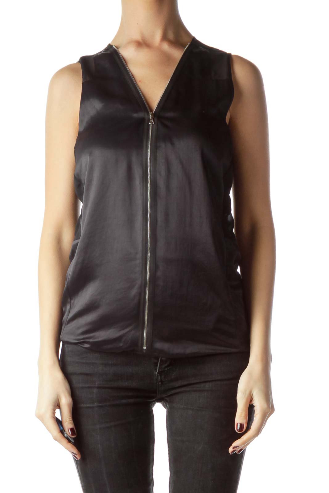 Black Zippered Up Front Sleeveless Top Front