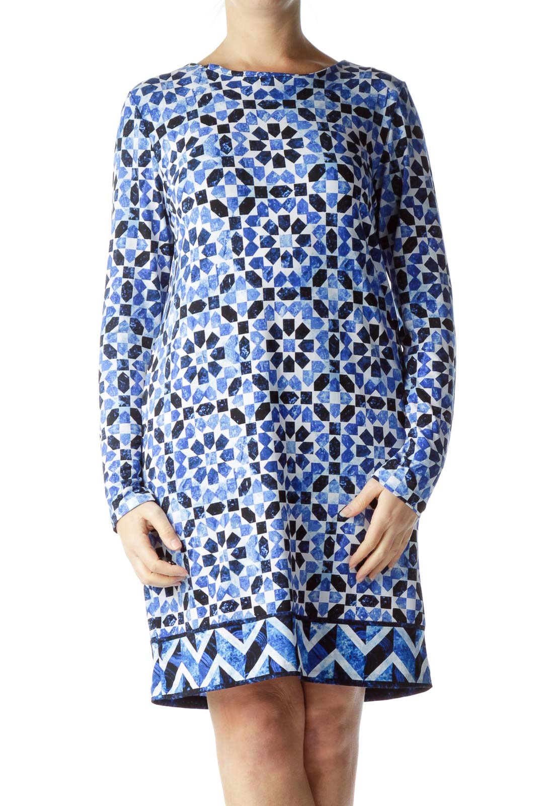 MICHAEL Michael Kors - Blue White Print Long Sleeve Dress Polyester Spandex  | SilkRoll