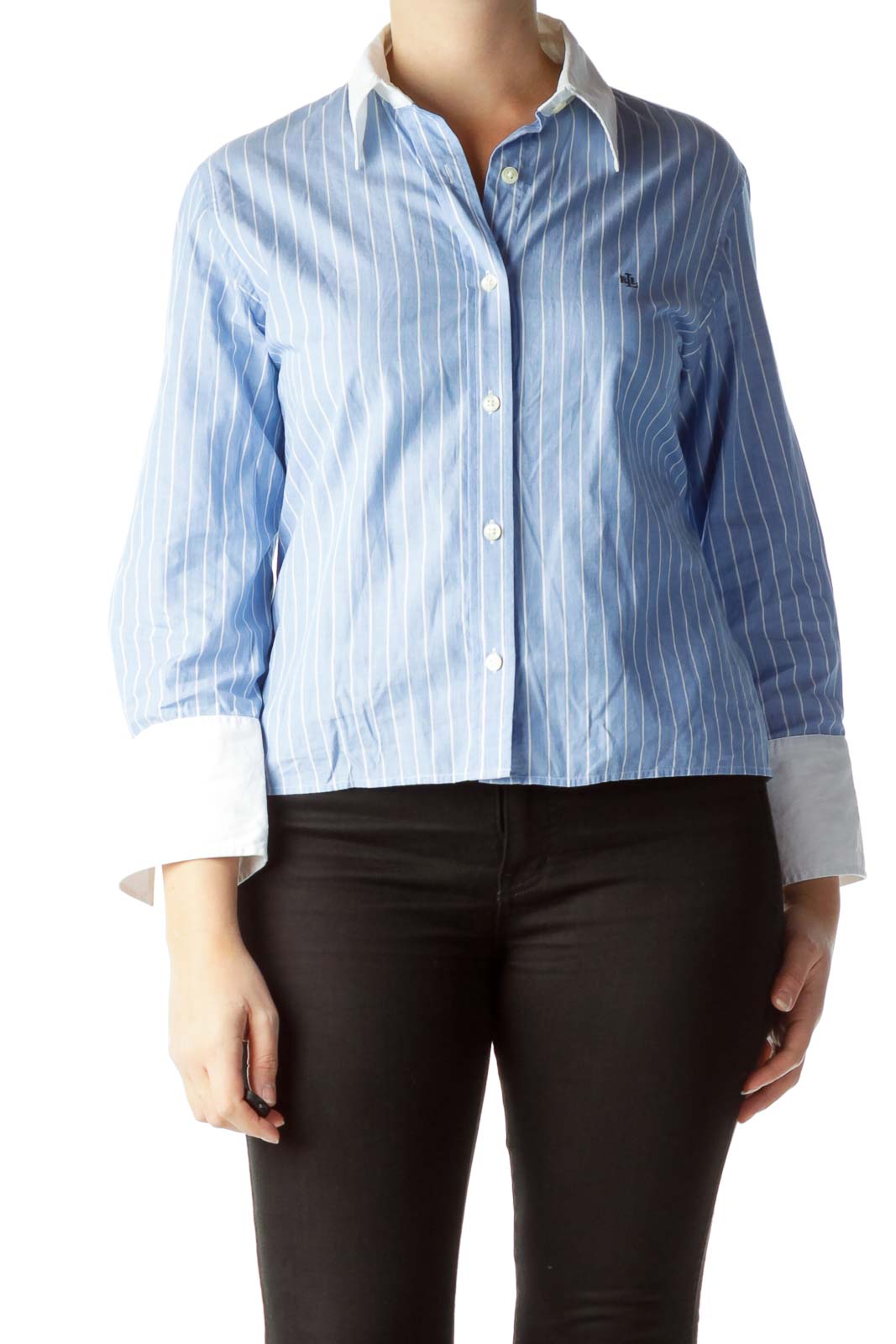 Blue White Pinstripe 100% Cotton Shirt Front