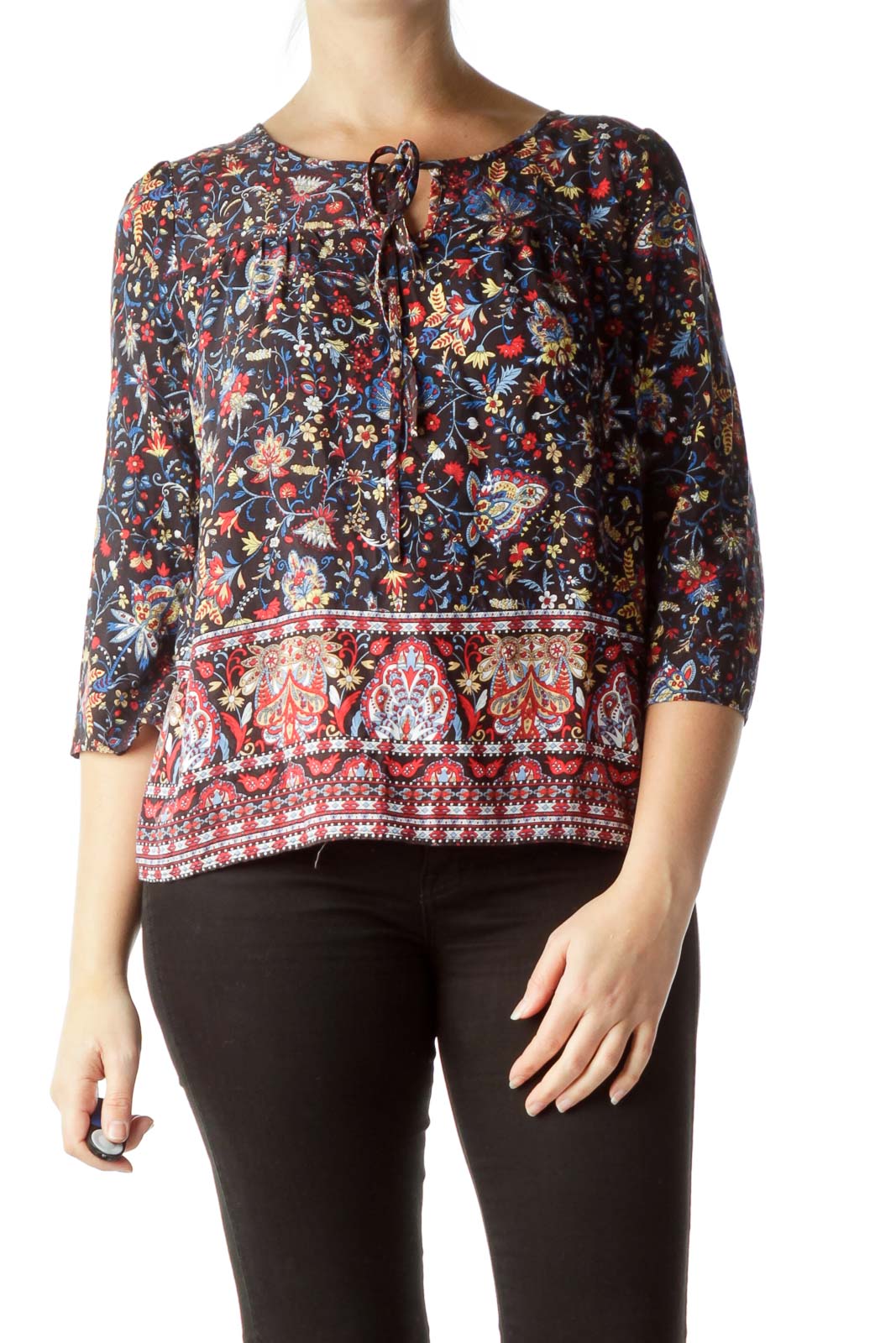 Multicolored Floral Print Flared Blouse Front