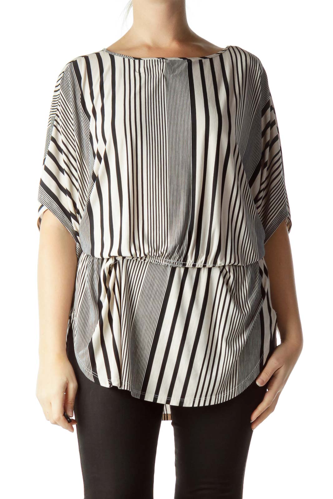 Beige Black Pinstripe Scrunched Tunic Front
