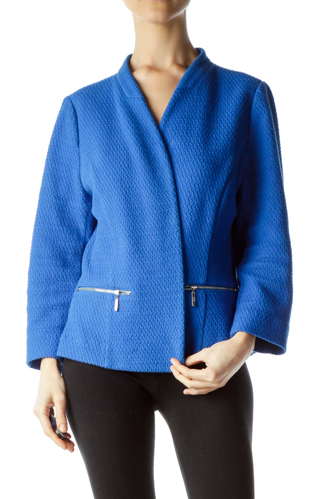Blue Textured Open Front Jacket Front