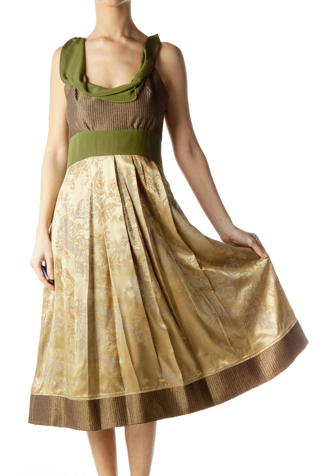 Gold Green Silk Print Dress Front