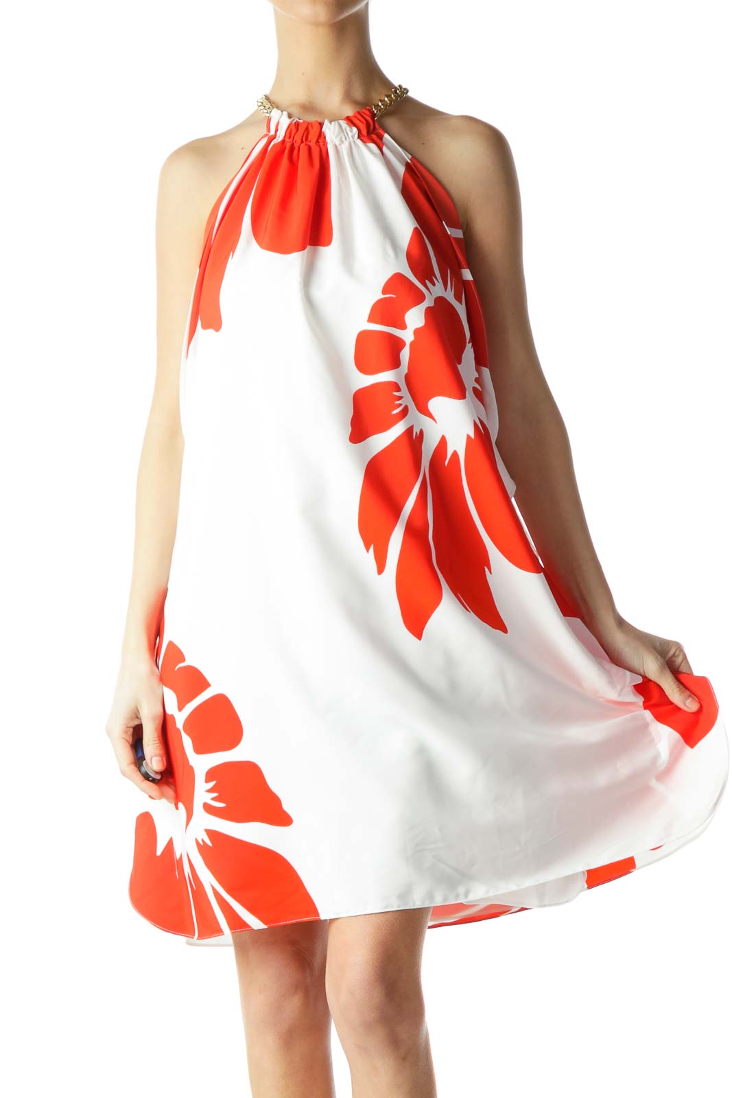 Cream Red Floral Print Gold Chain Strap Dress Front