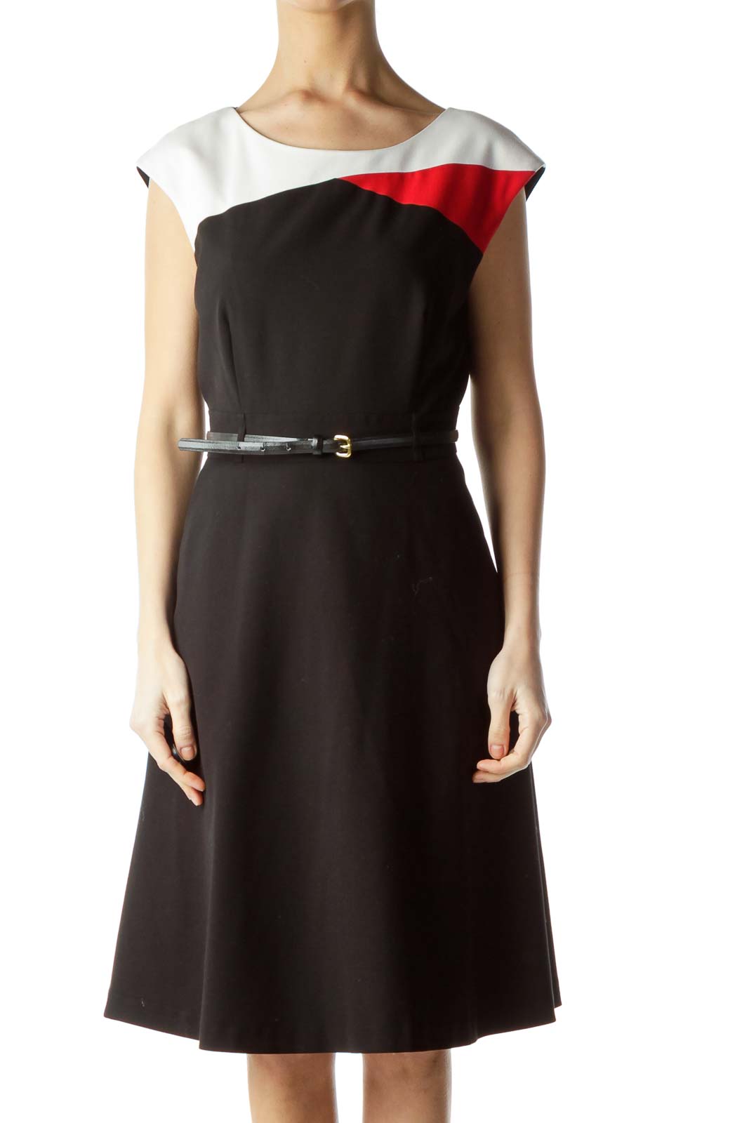 Calvin Klein - Black Red Color Block Belted Work Dress Polyester Rayon  Spandex | SilkRoll