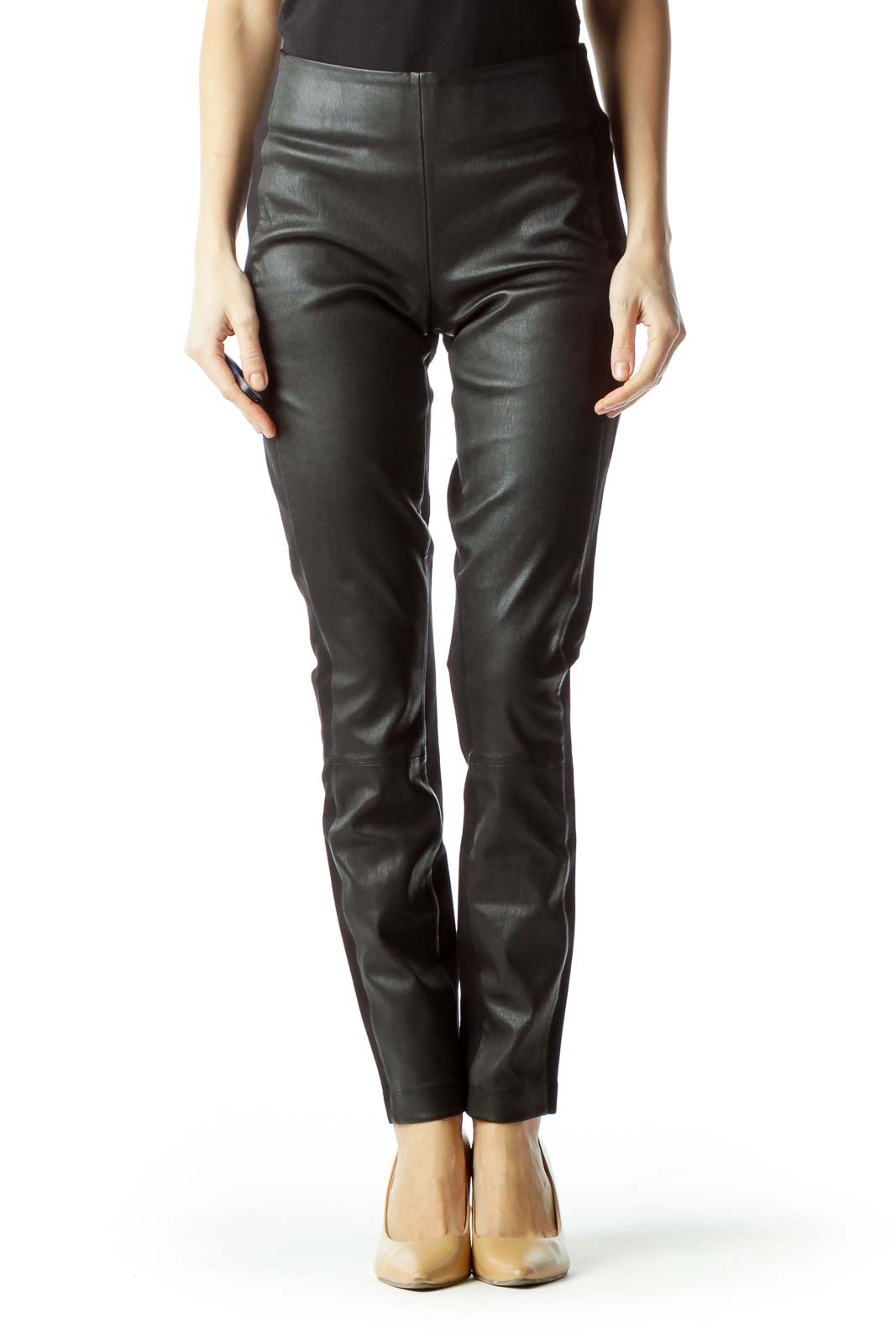 Black High-Waisted Front Leather Slim Pants Front