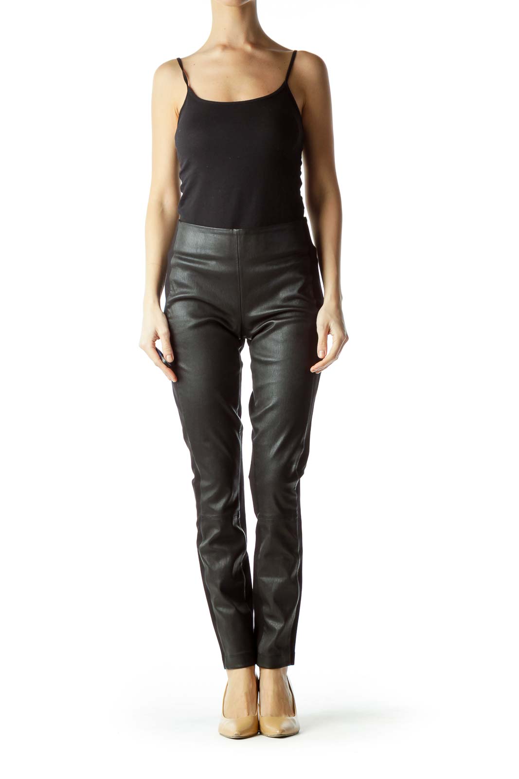 J.Crew - Black High-Waisted Front Leather Slim Pants Elastane Leather