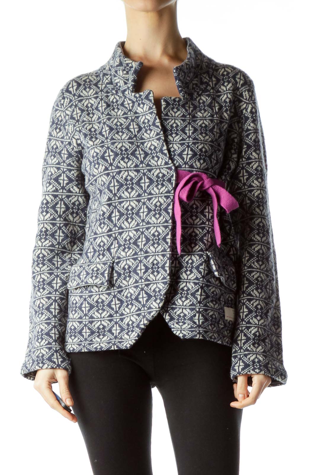 Navy Cream Pattern Knit Belted Jacket Front