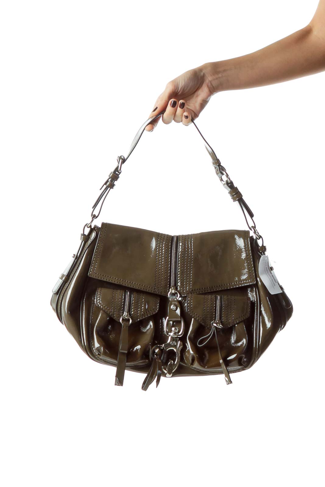 Gray Metal and Zipper Accents Leather Bag Front