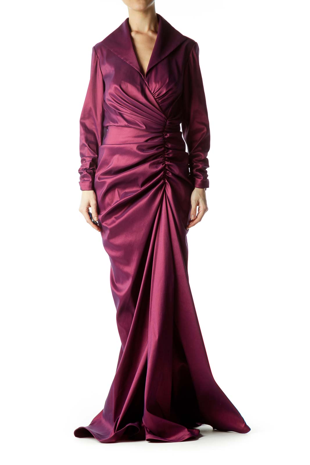 Burgundy Scrunch Detailed Long Sleeve Gown Front