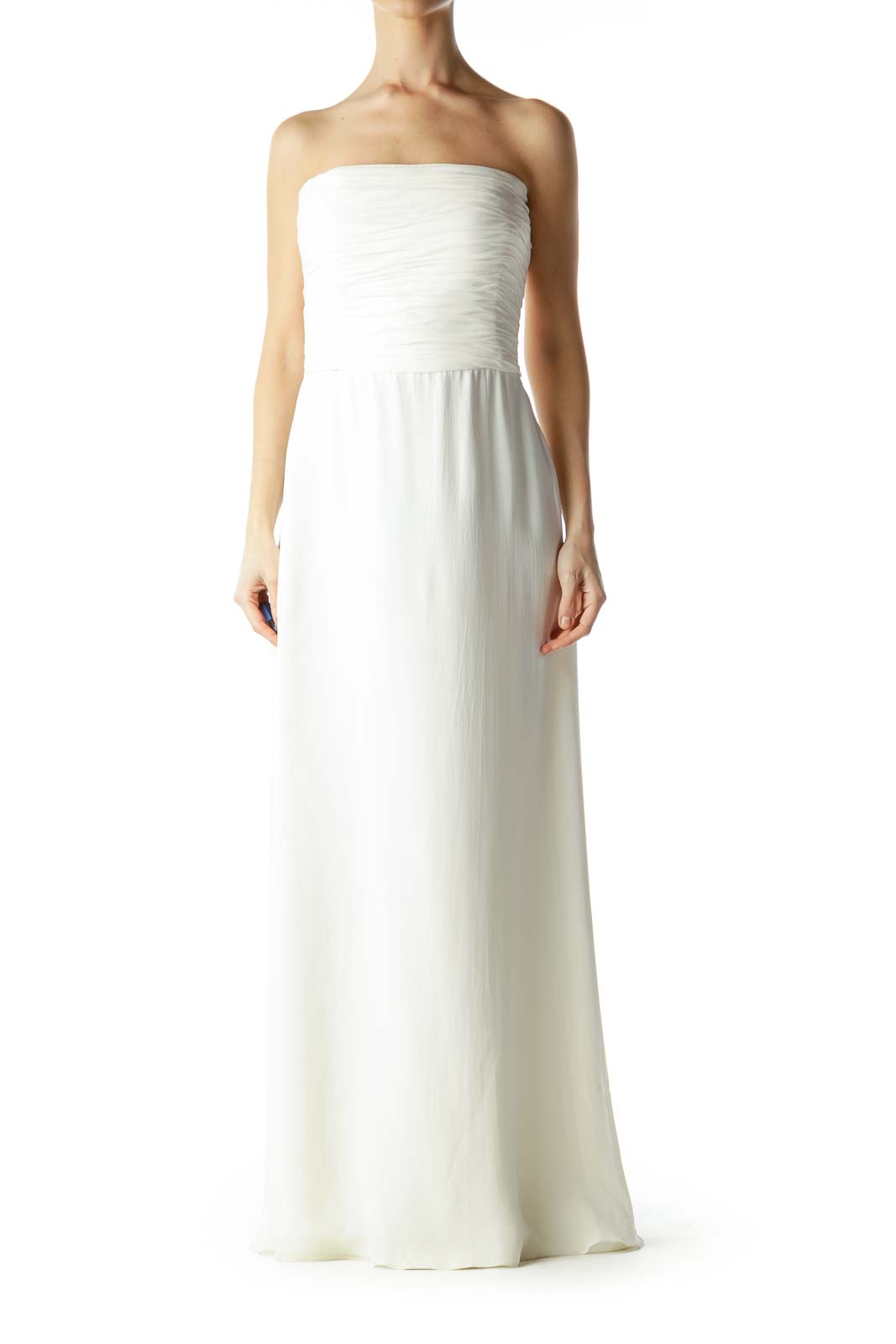 White Strapless Scrunched Evening Dress Front