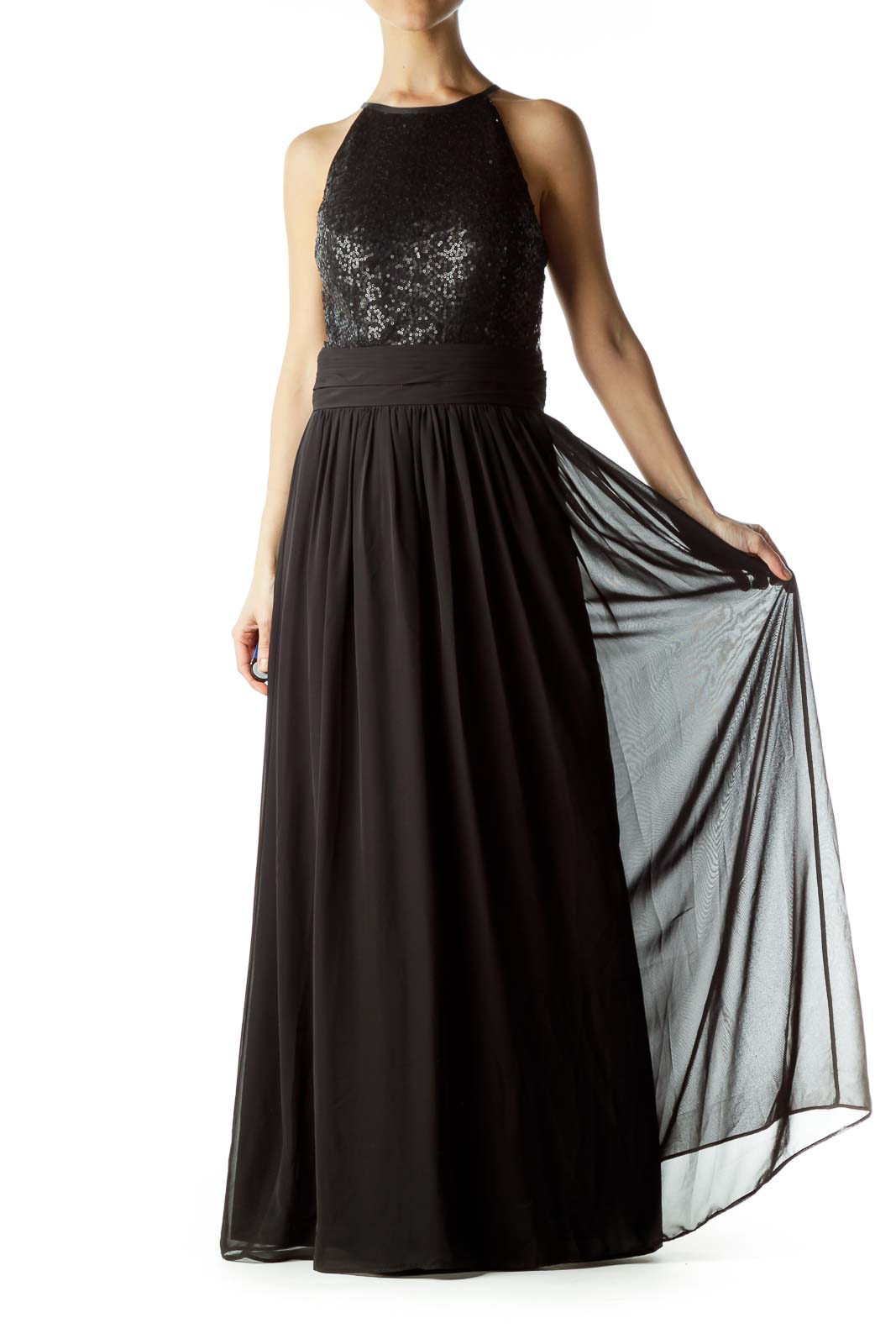 Black Sequin Detailed Evening Dress Front
