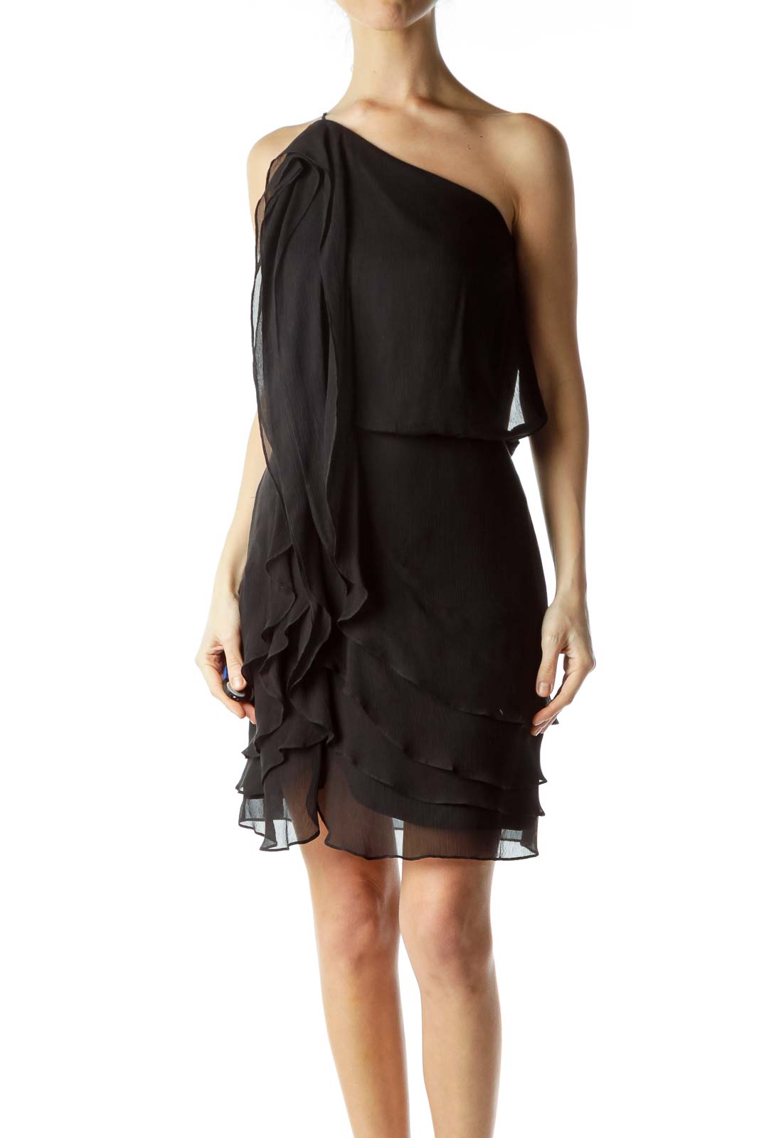 Black Asymmetric Ruffled Silk Dress Front