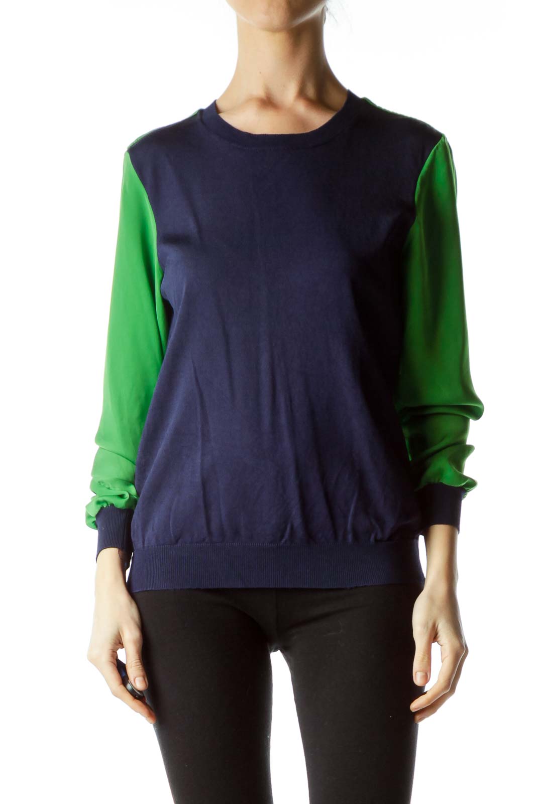 Navy Blue Green Two Textures Blouse Front