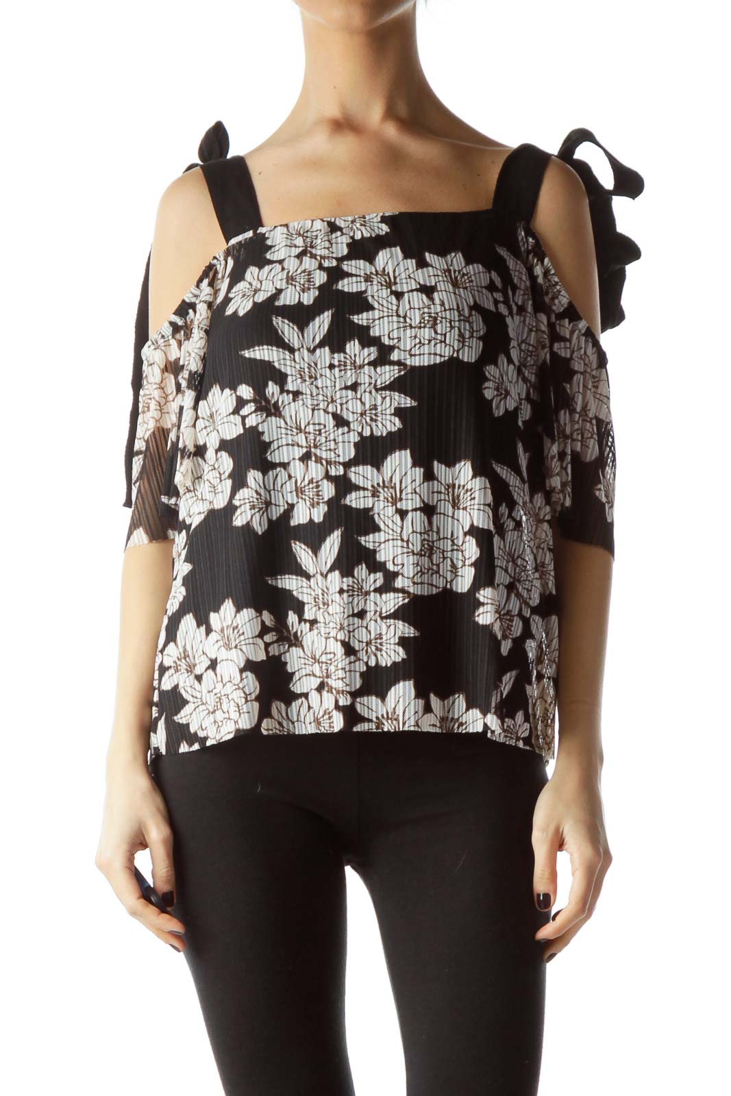 Black Cream Brown Floral Print Knit Top Front
