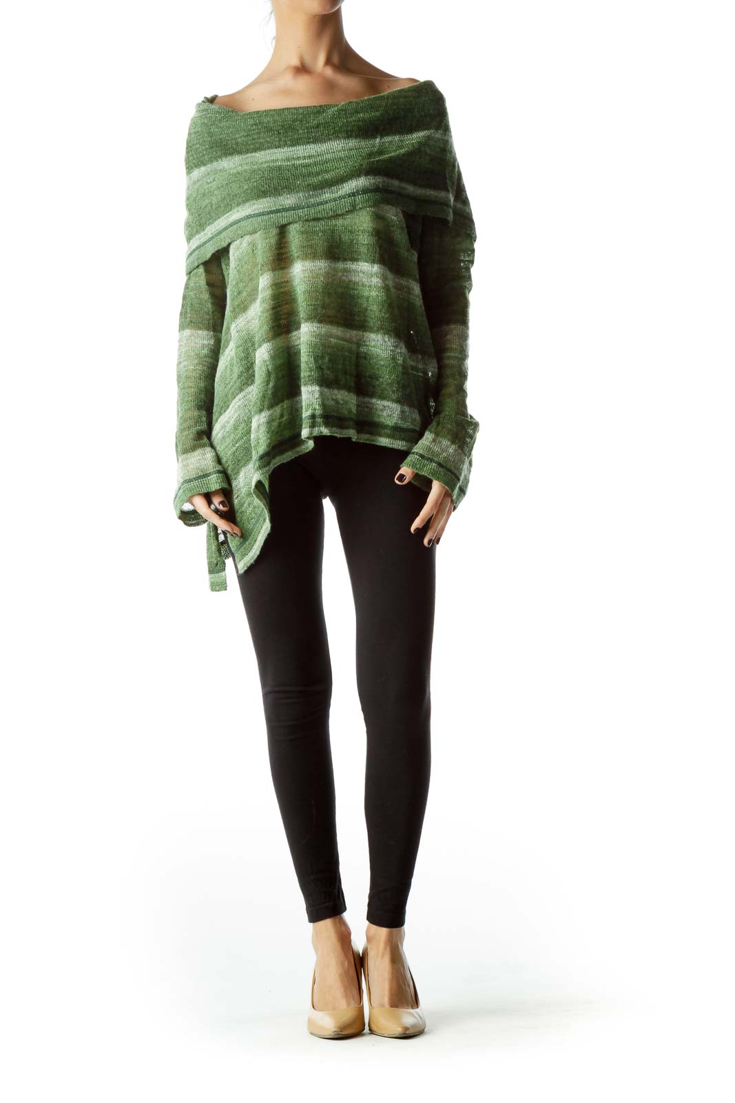 Green Cowl Neck Striped Knitted Sweater Front