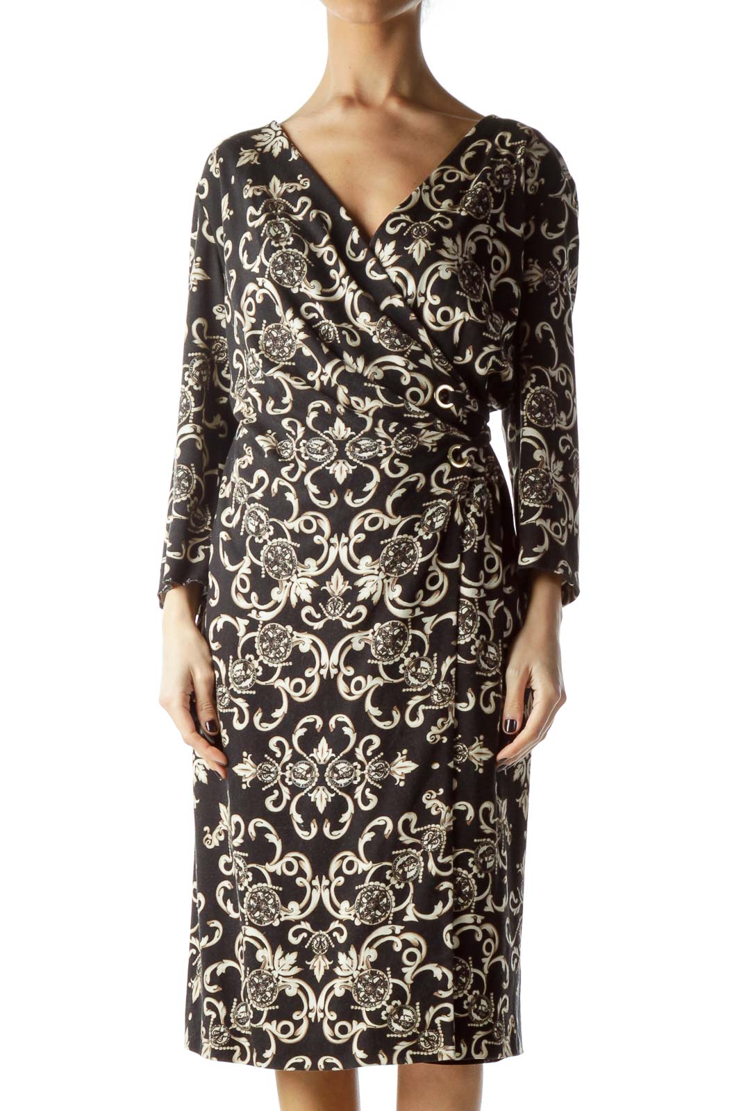 Black Cream and Gold Print Wrap Dress Front