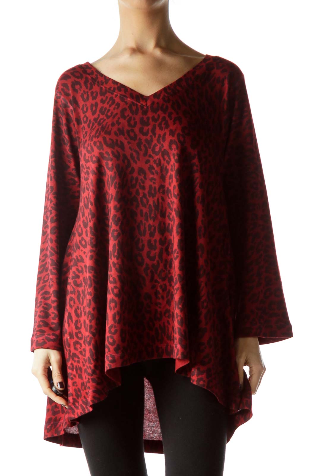 Burgundy Animal Print Flared Knit Top Front