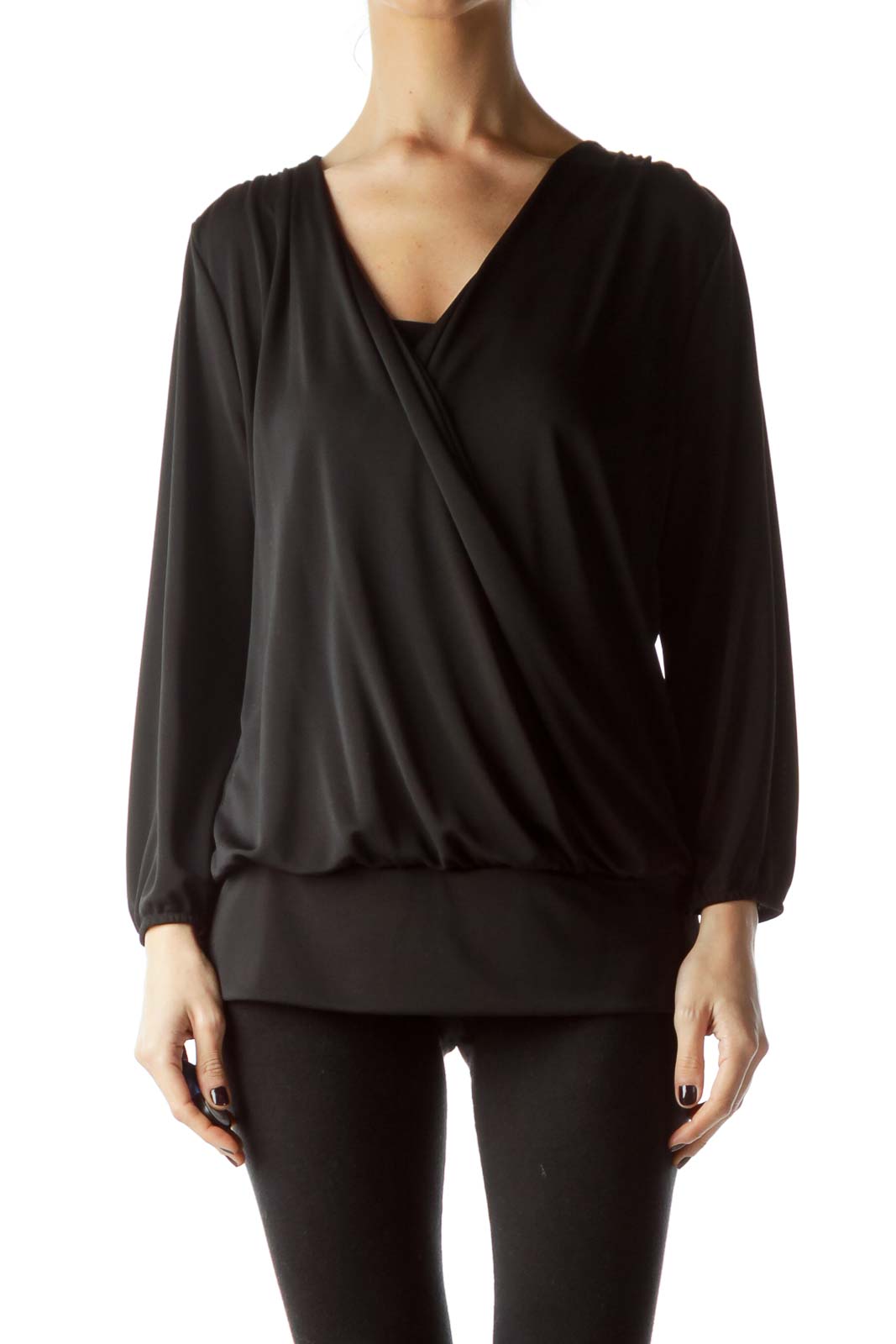Black Open Front Fitted Long Sleeve Top Front