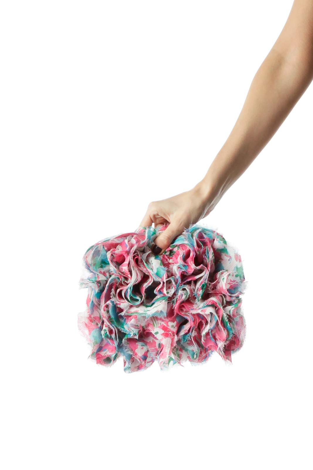 Multicolored Floral Print Ruffled Clutch with Chain Strap Front