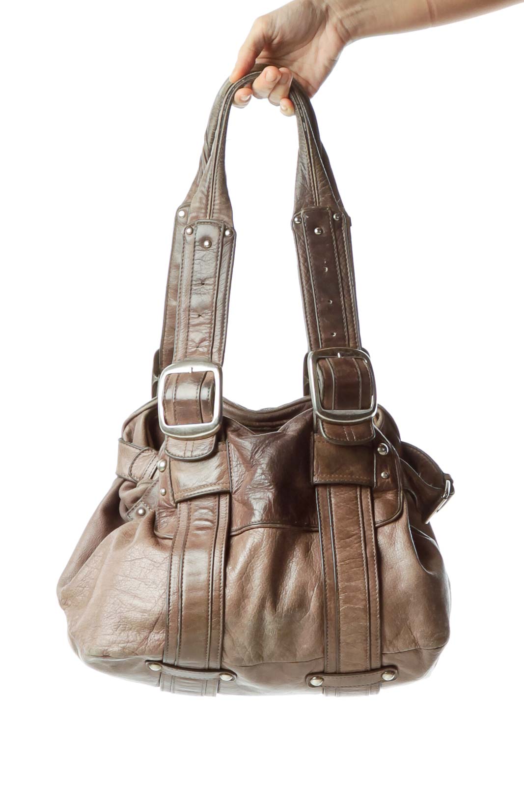 Brown Large Buckle Shoulder Bag Front