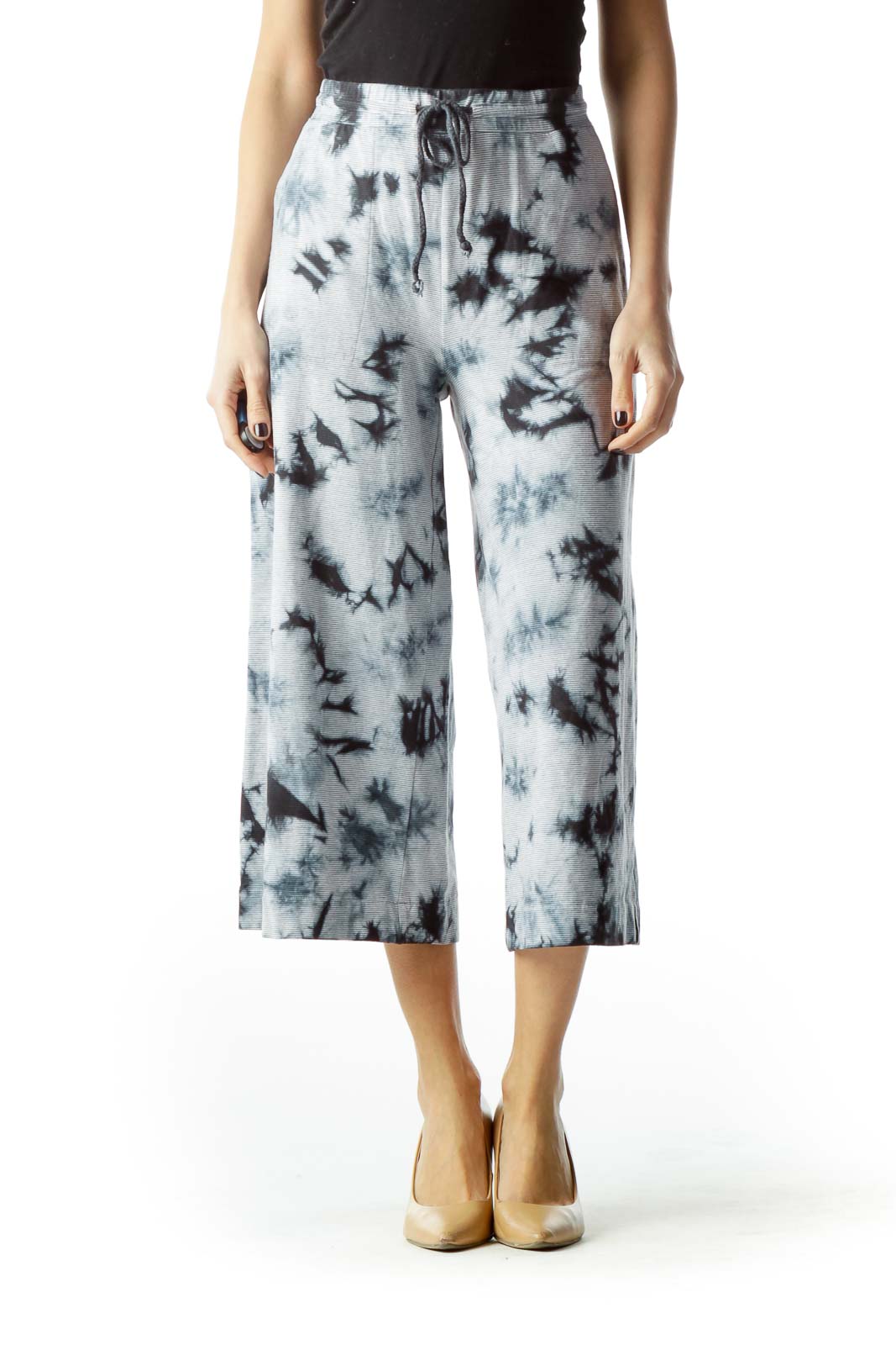 Blue Tie Dye Cropped Pants with Drawstring Front