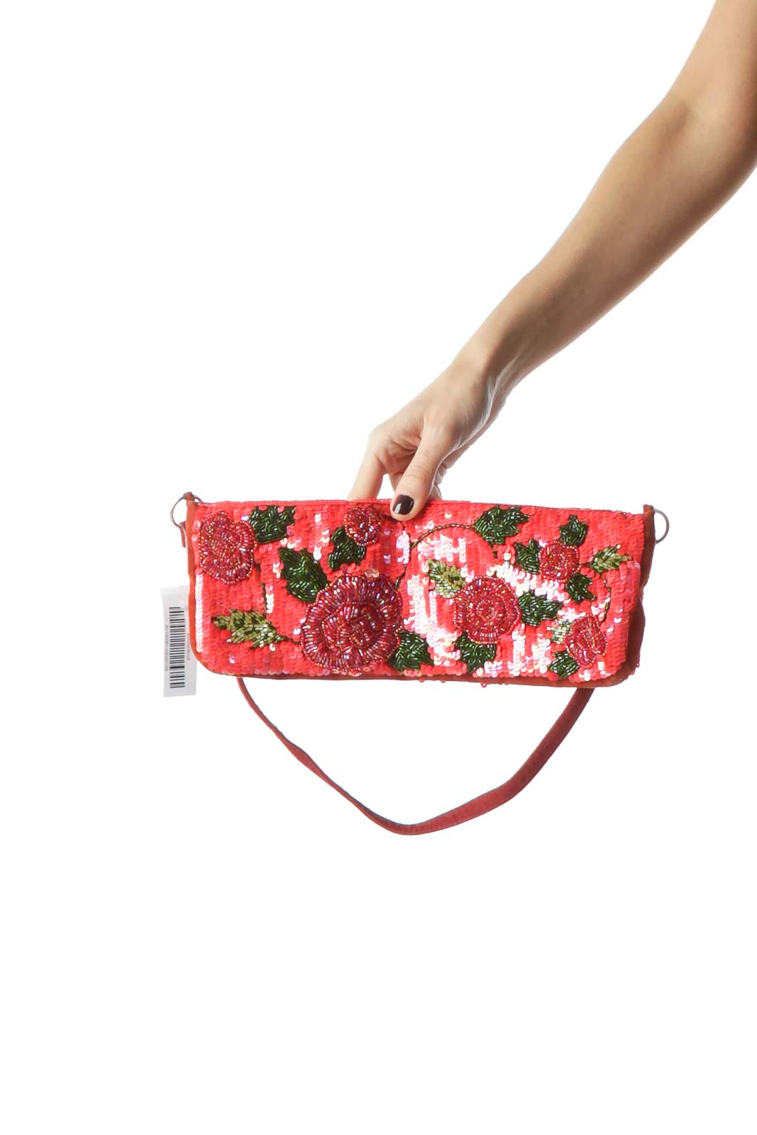 Red Green Beaded Flowers with Sequins Bag Front
