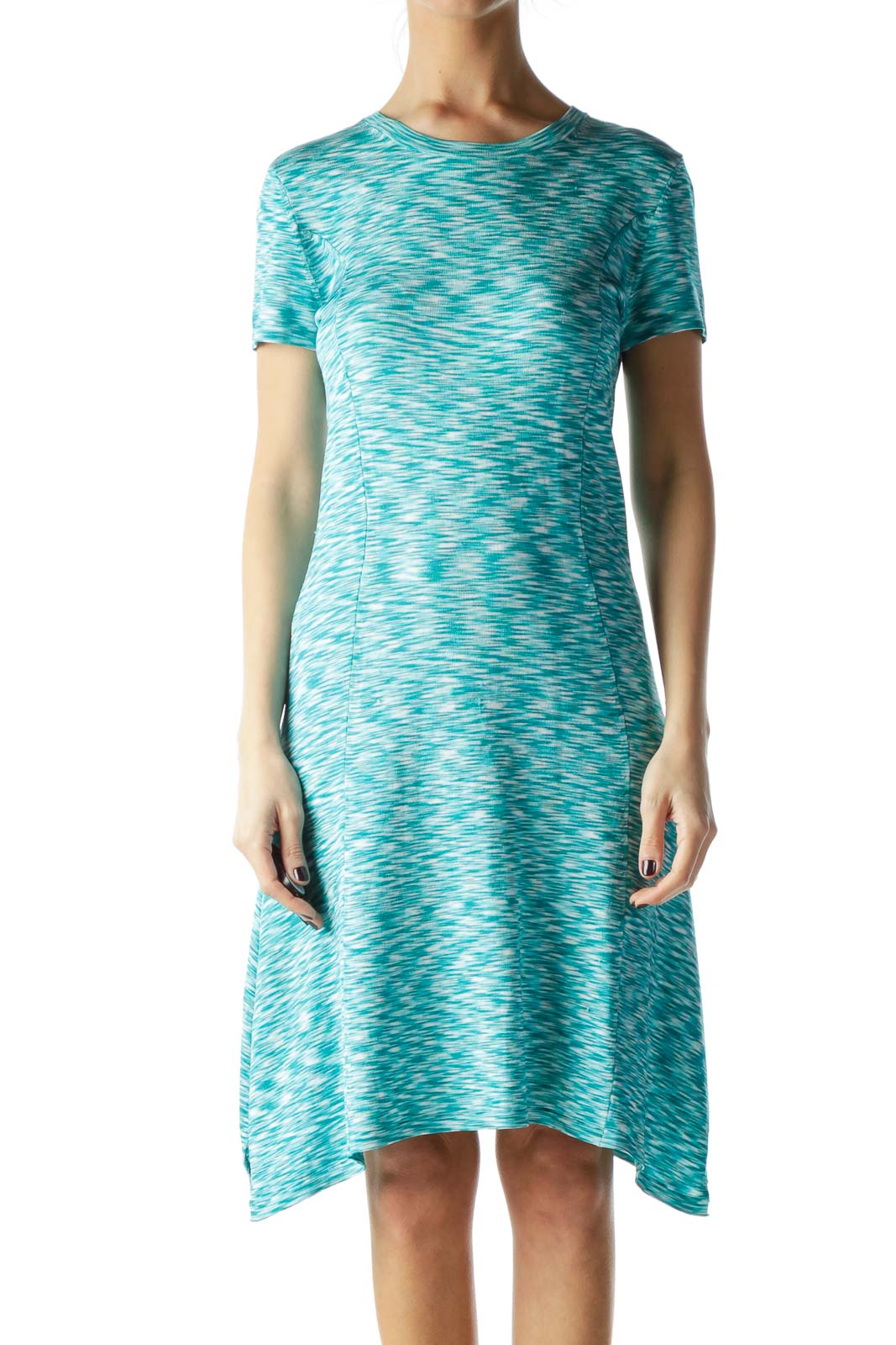 Blue White Knit Short Sleeve Day Dress Front