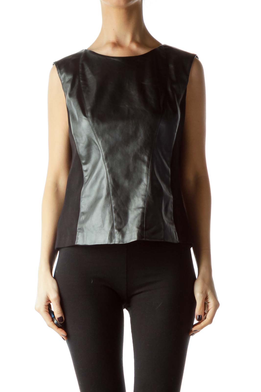 Black Faux Leather Sleeveless Top Front