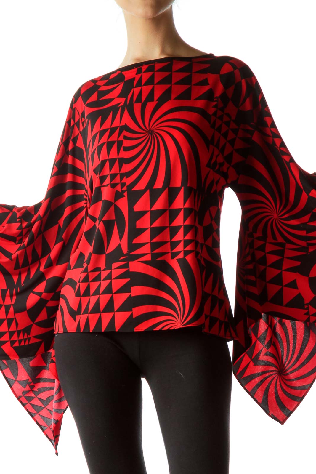 Red Black Geometric Print Wide Sleeves Top Front