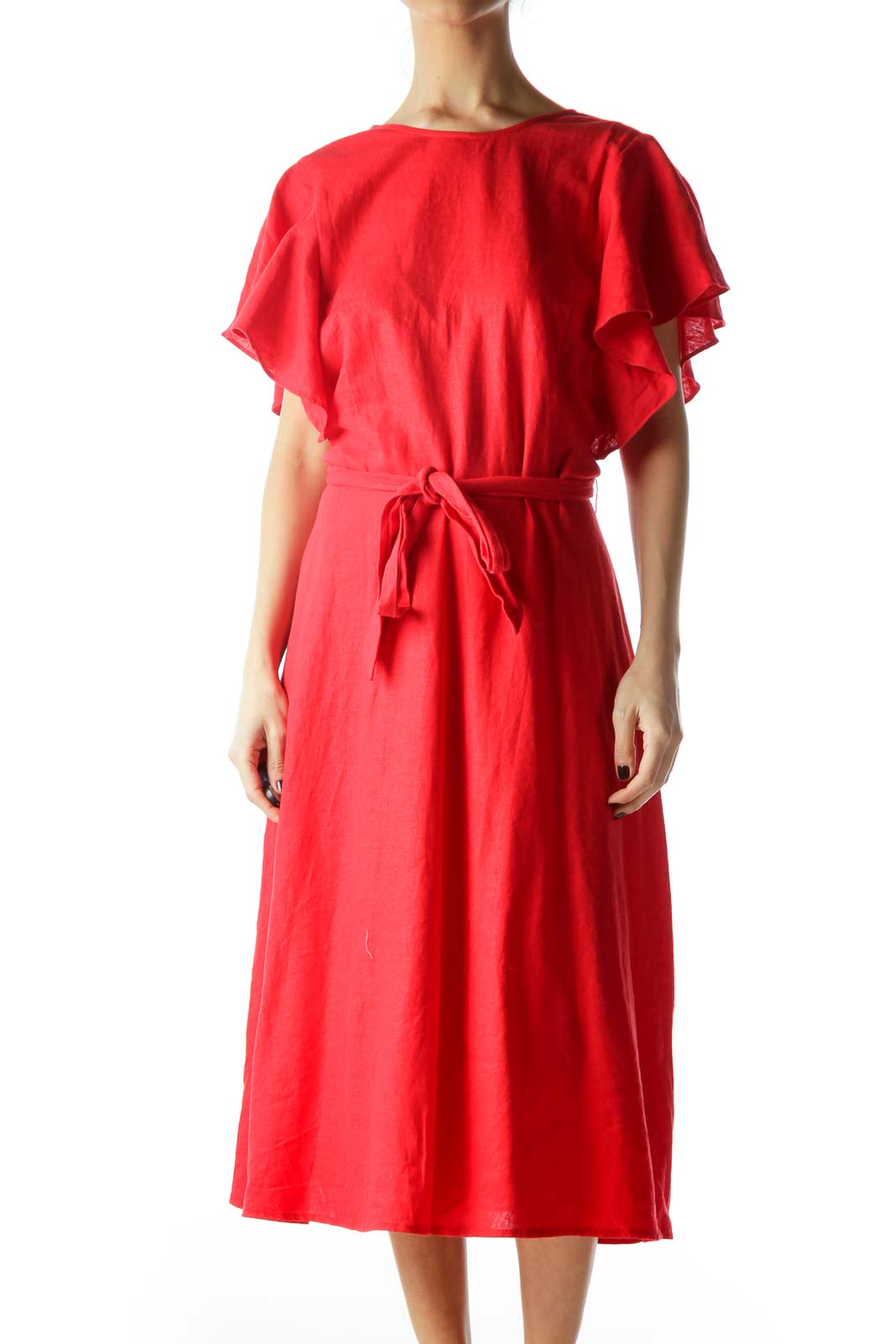 Red Flared Sleeves Day Dress with Belt Front